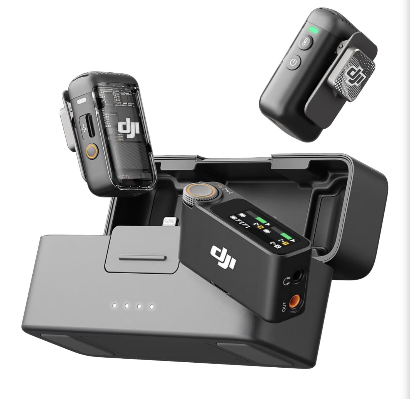 DJI Mic Mini wireless microphone kit with two transmitters, receiver, and charging case